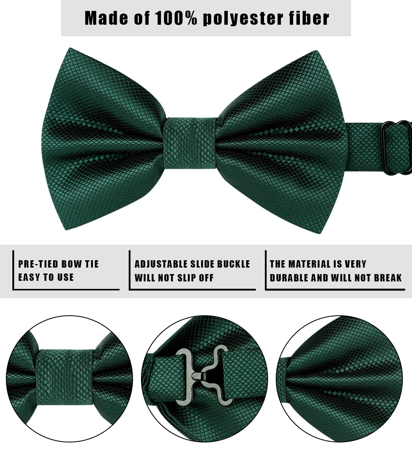 Hisdern Emerald Green Solid Pre-Tied Bow Tie Accessories Set For Evening Wear