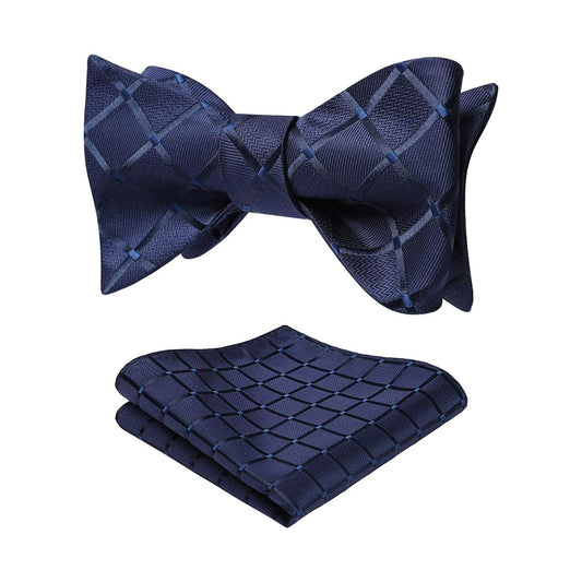 Hisdern Navy Blue Plaid Bow Tie Set For Special Occasions