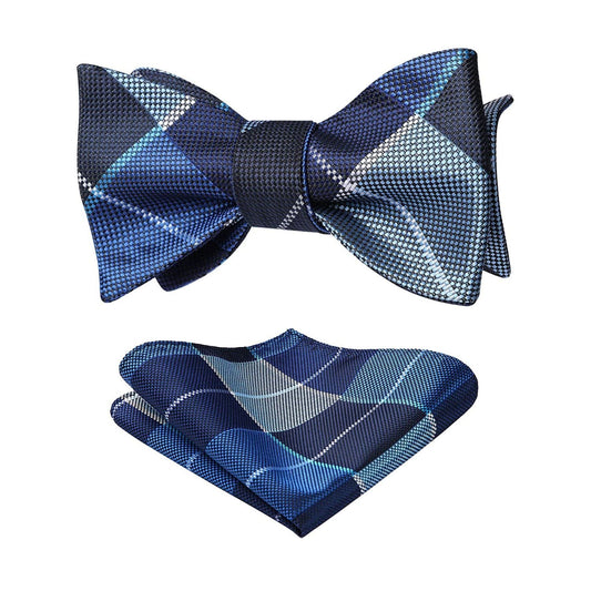 Hisdern Blue Navy Blue Plaid Bow Tie Set For Special Occasions