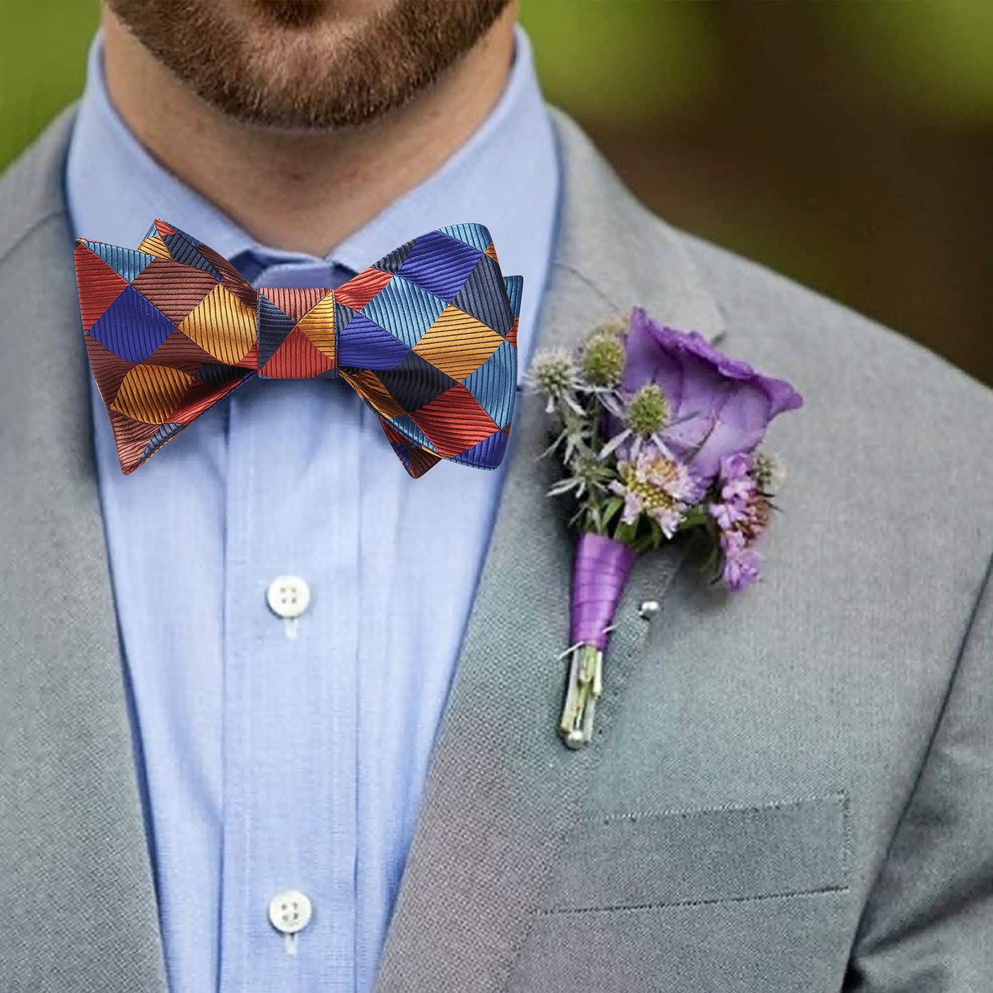 Hisdern Orange Blue Plaid Bow Tie Set For Special Occasions
