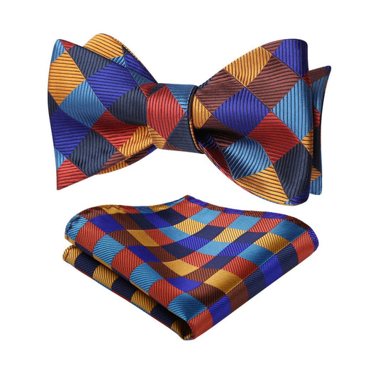 Hisdern Orange Blue Plaid Bow Tie Set For Special Occasions