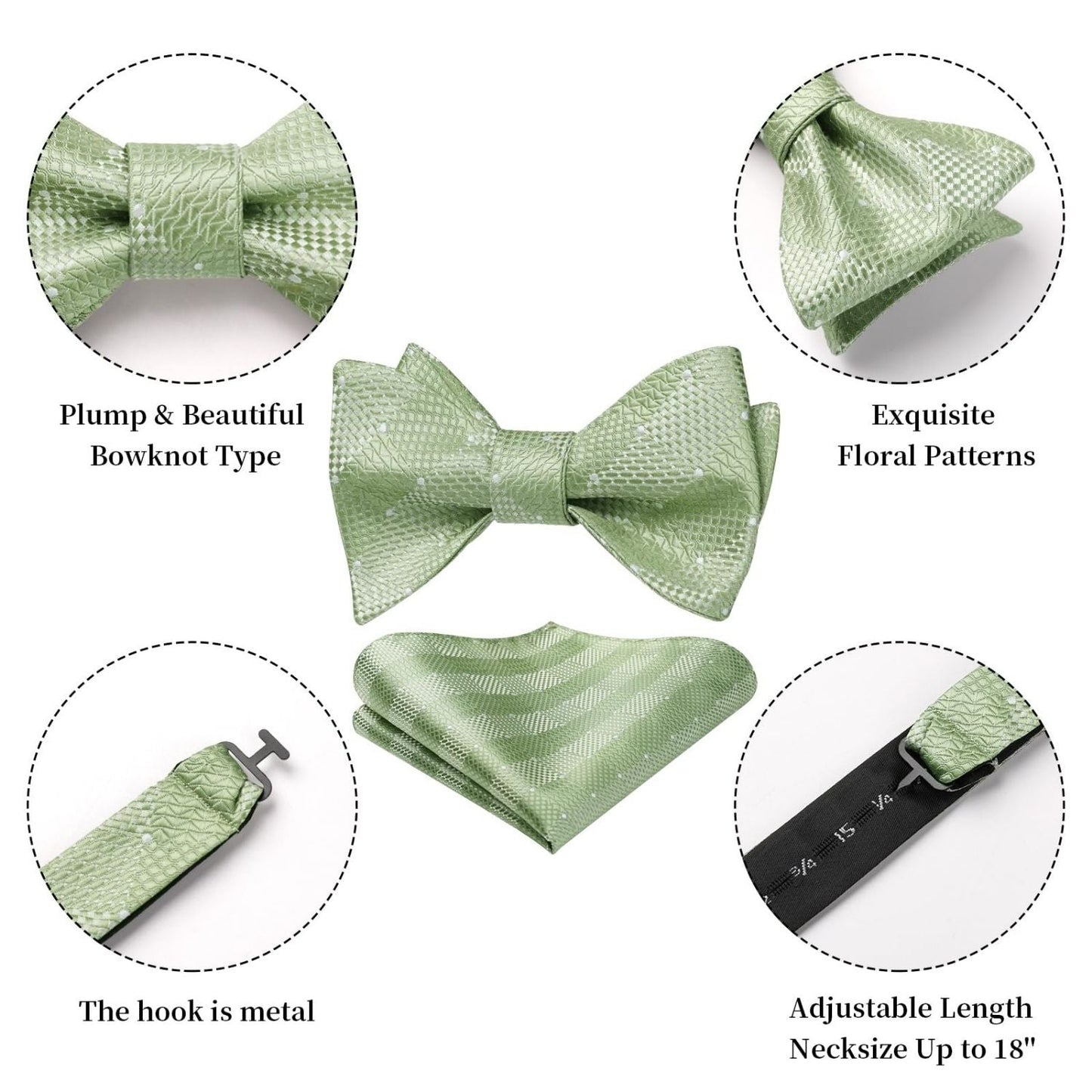 Hisdern Sage Green Plaid Bow Tie Accessories Set For Evening Wear