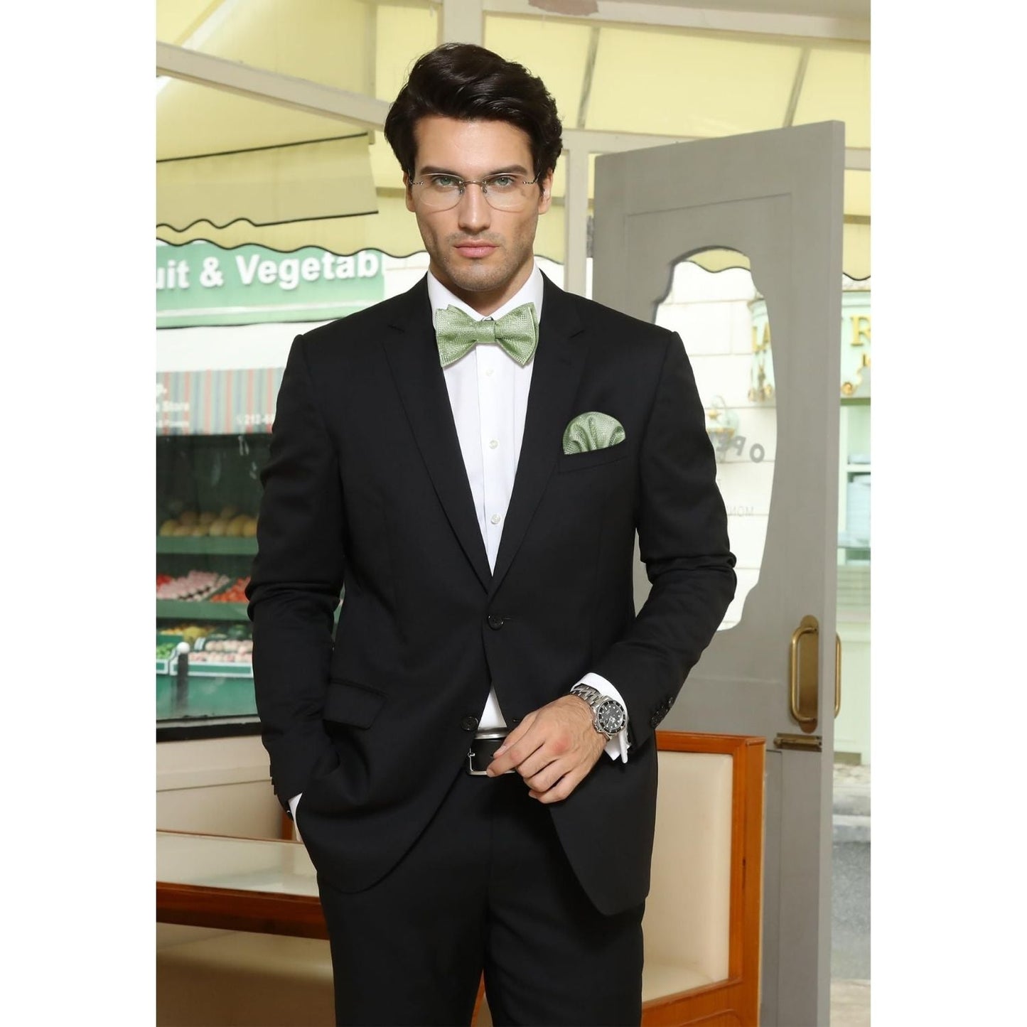 Hisdern Sage Green Plaid Bow Tie Accessories Set For Evening Wear