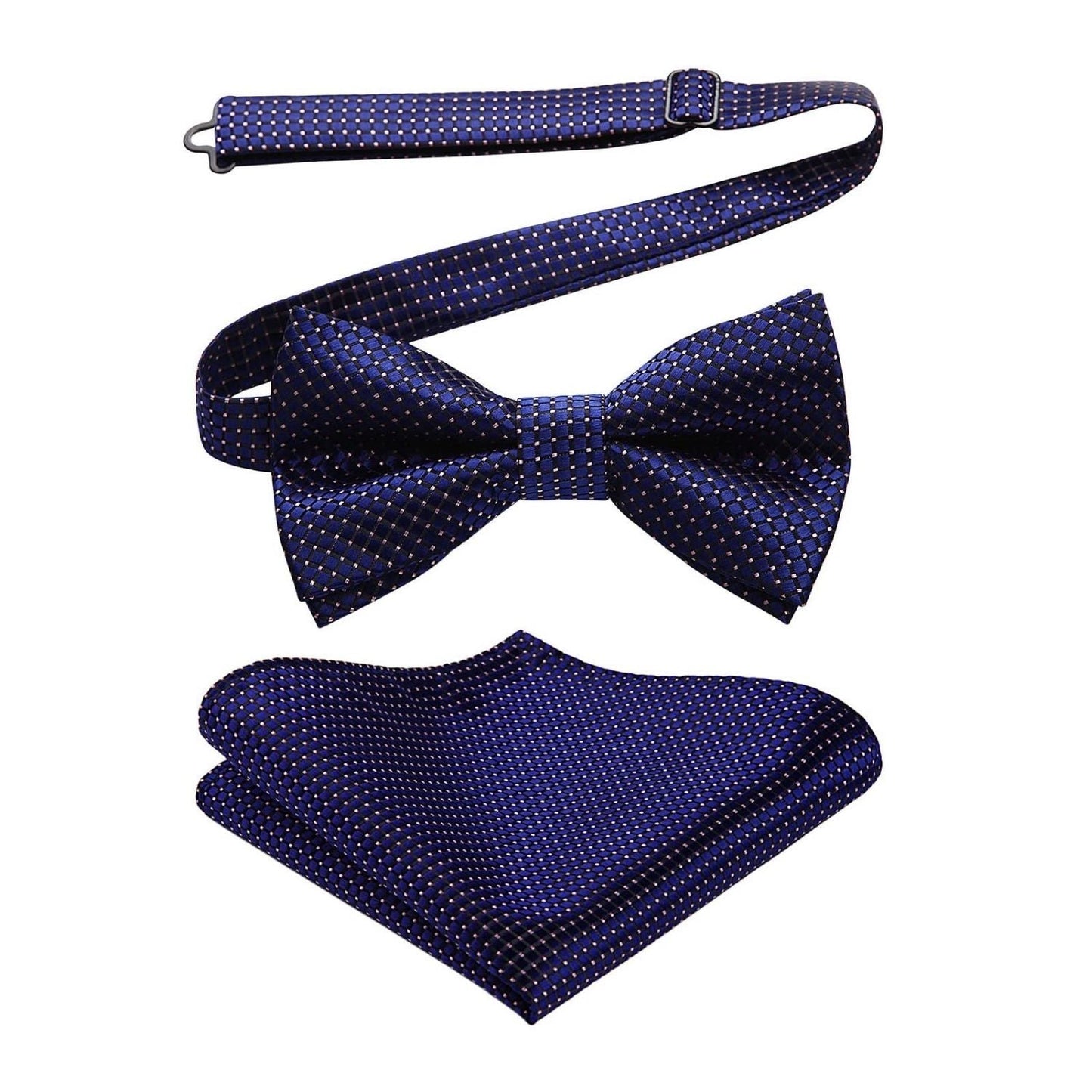 Hisdern Navy Blue Plaid Pre-Tied Bow Tie Accessories Set For Evening Wear