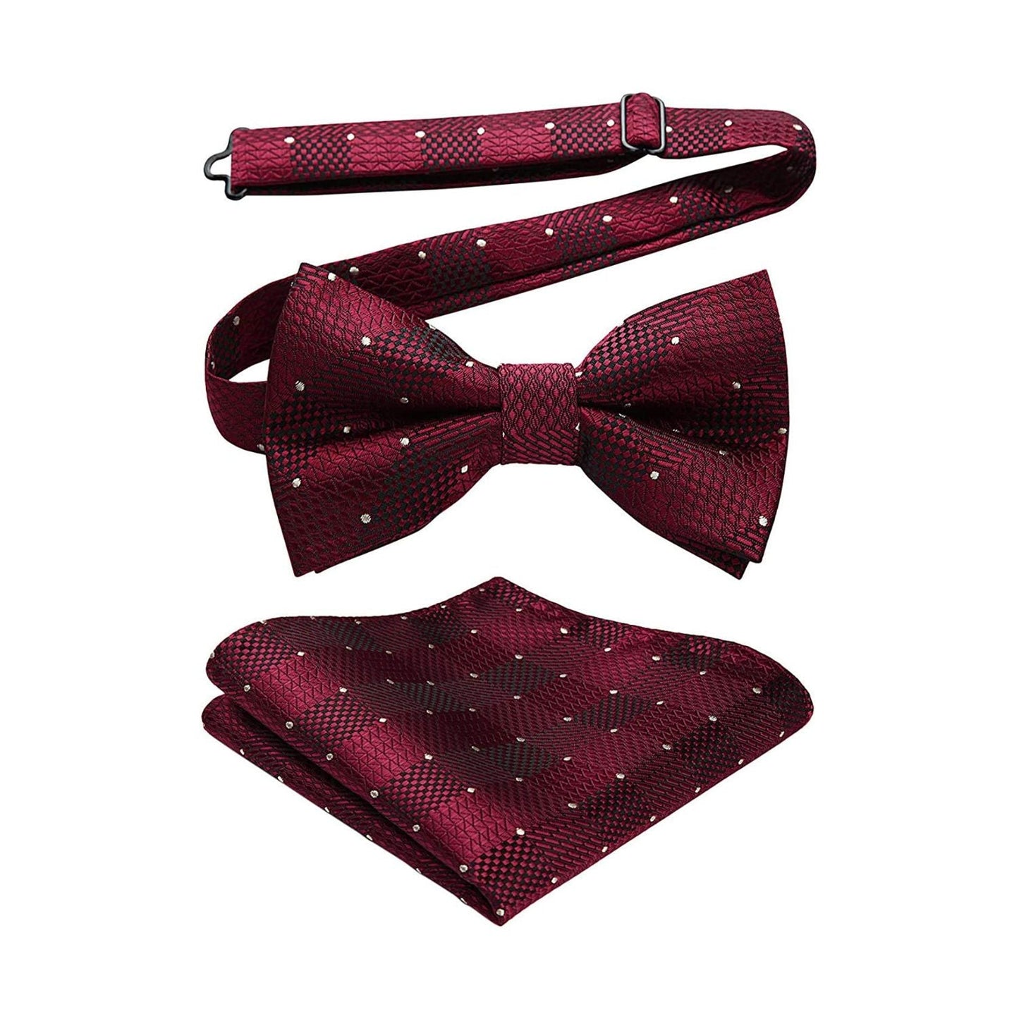 Hisdern Burgundy Plaid Pre-Tied Bow Tie Accessories Set For Evening Wear
