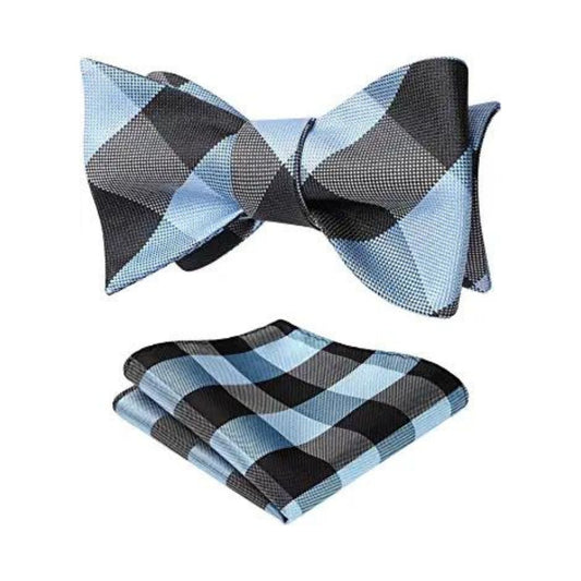 Hisdern Grey Blue Plaid Bow Tie Set For Special Occasions