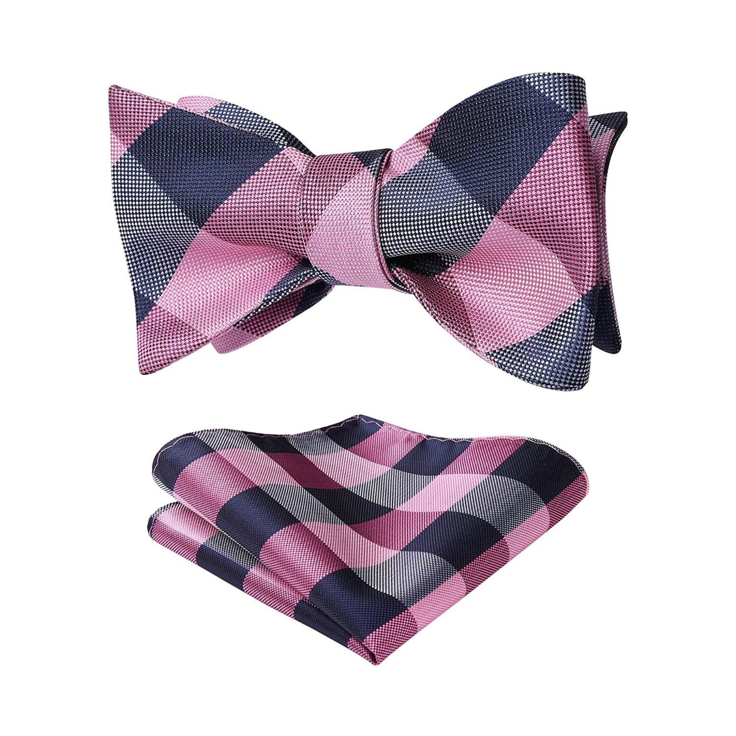 Hisdern Pink Navy Blue Plaid Bow Tie Set For Special Occasions