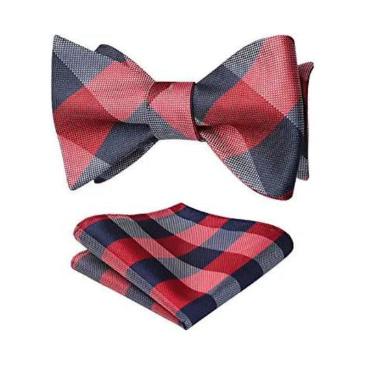 Hisdern Navy Blue Red Plaid Bow Tie Set For Special Occasions