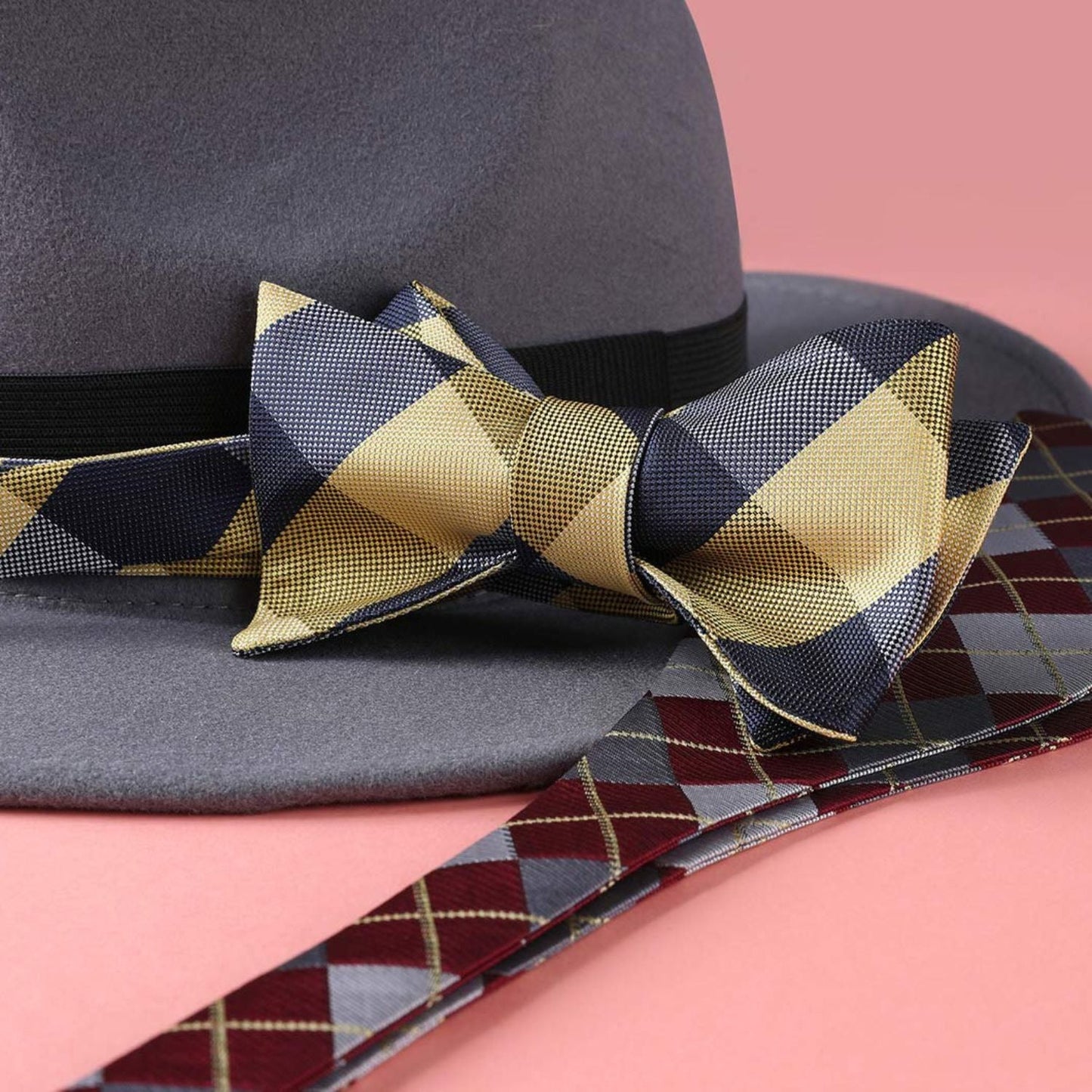 Hisdern Navy Blue Yellow Plaid Bow Tie Set For Special Occasions