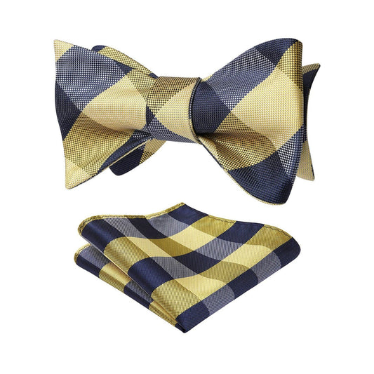 Hisdern Navy Blue Yellow Plaid Bow Tie Set For Special Occasions