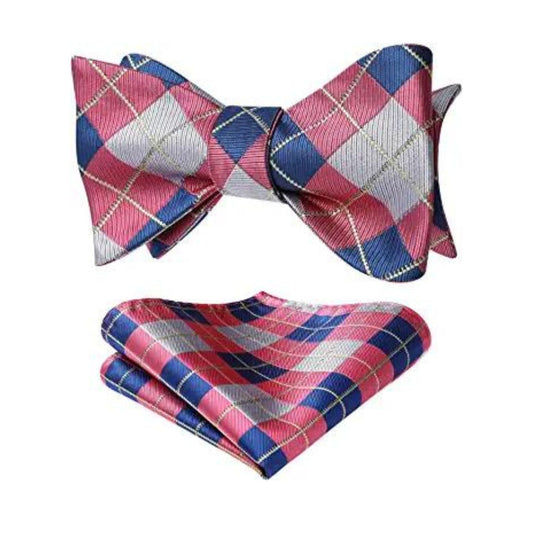Hisdern Pink Grey Blue Plaid Bow Tie Set For Special Occasions