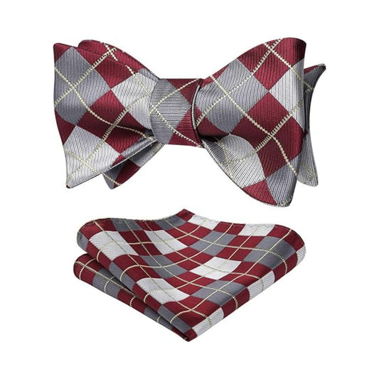 Hisdern Burgundy Grey Plaid Bow Tie Set For Special Occasions