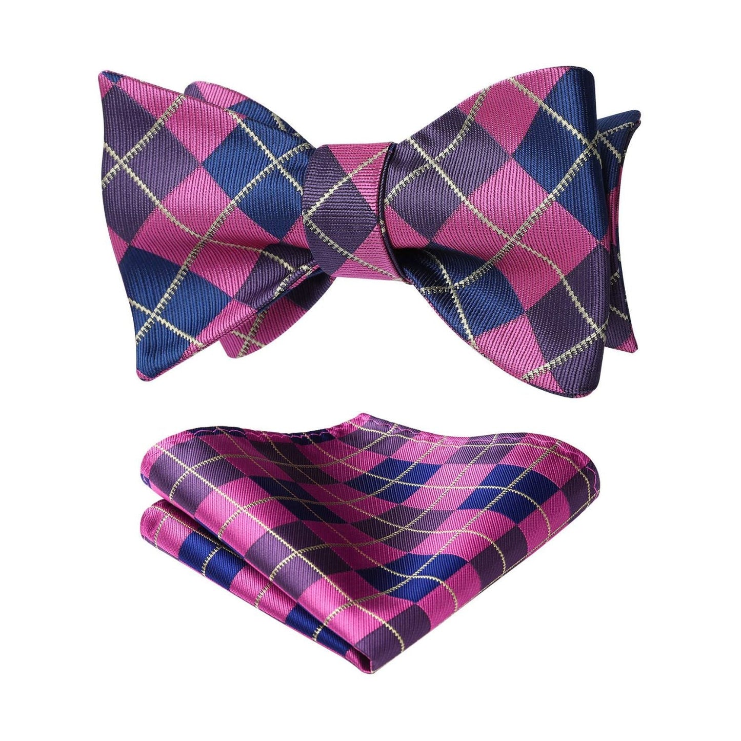 Hisdern Navy Blue Pink Plaid Bow Tie Set For Special Occasions