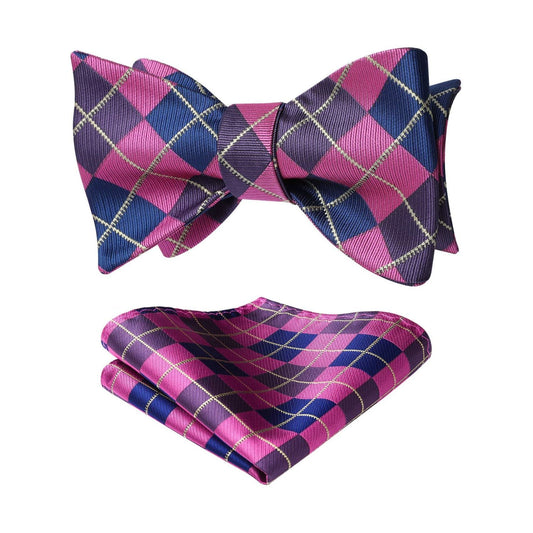 Hisdern Navy Blue Pink Plaid Bow Tie Set For Special Occasions
