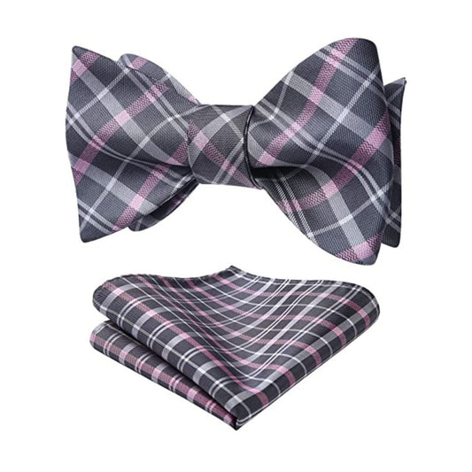 Hisdern Pink Grey Plaid Bow Tie Set For Special Occasions