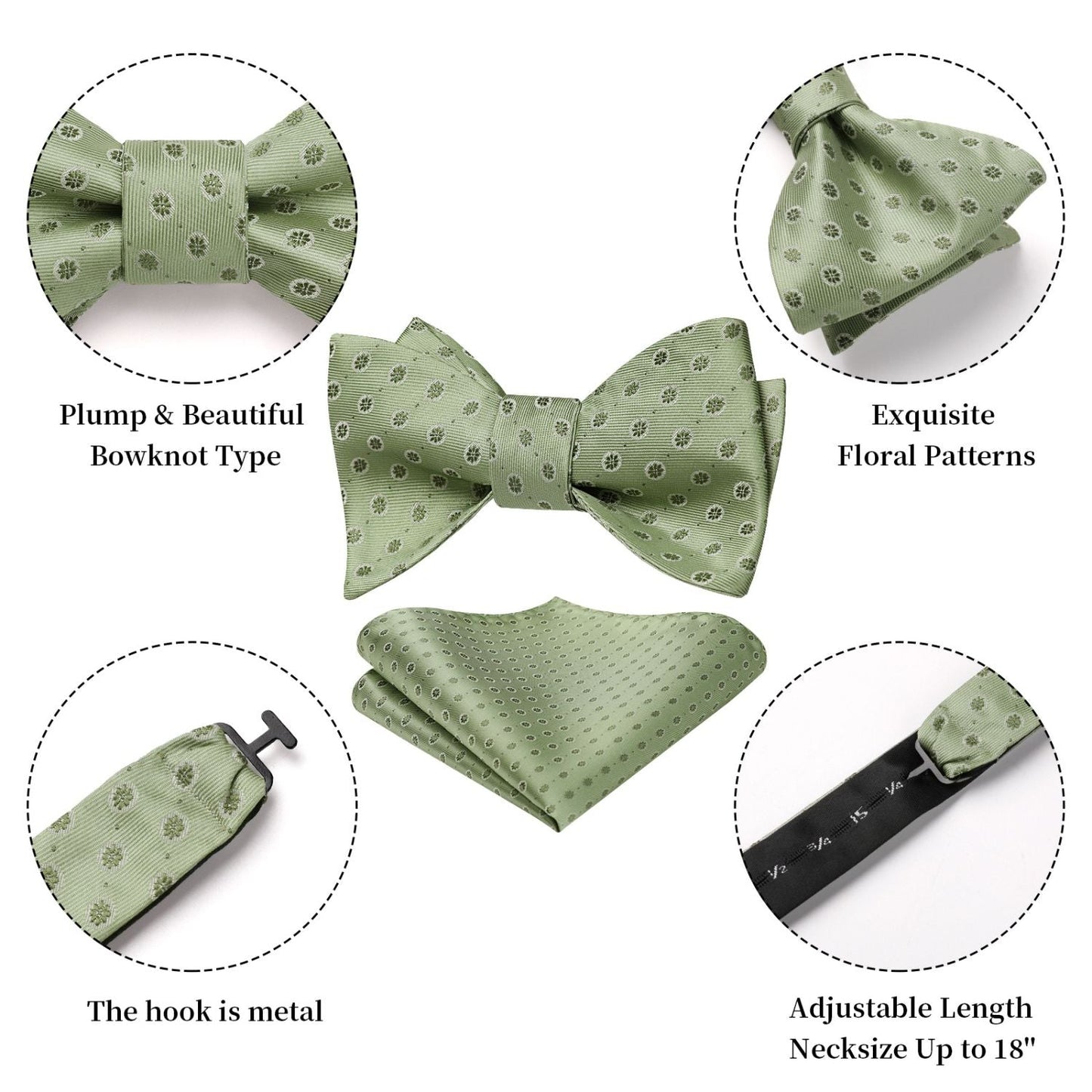 Hisdern Sage Green Floral Bow Tie Accessories Set For Evening Wear