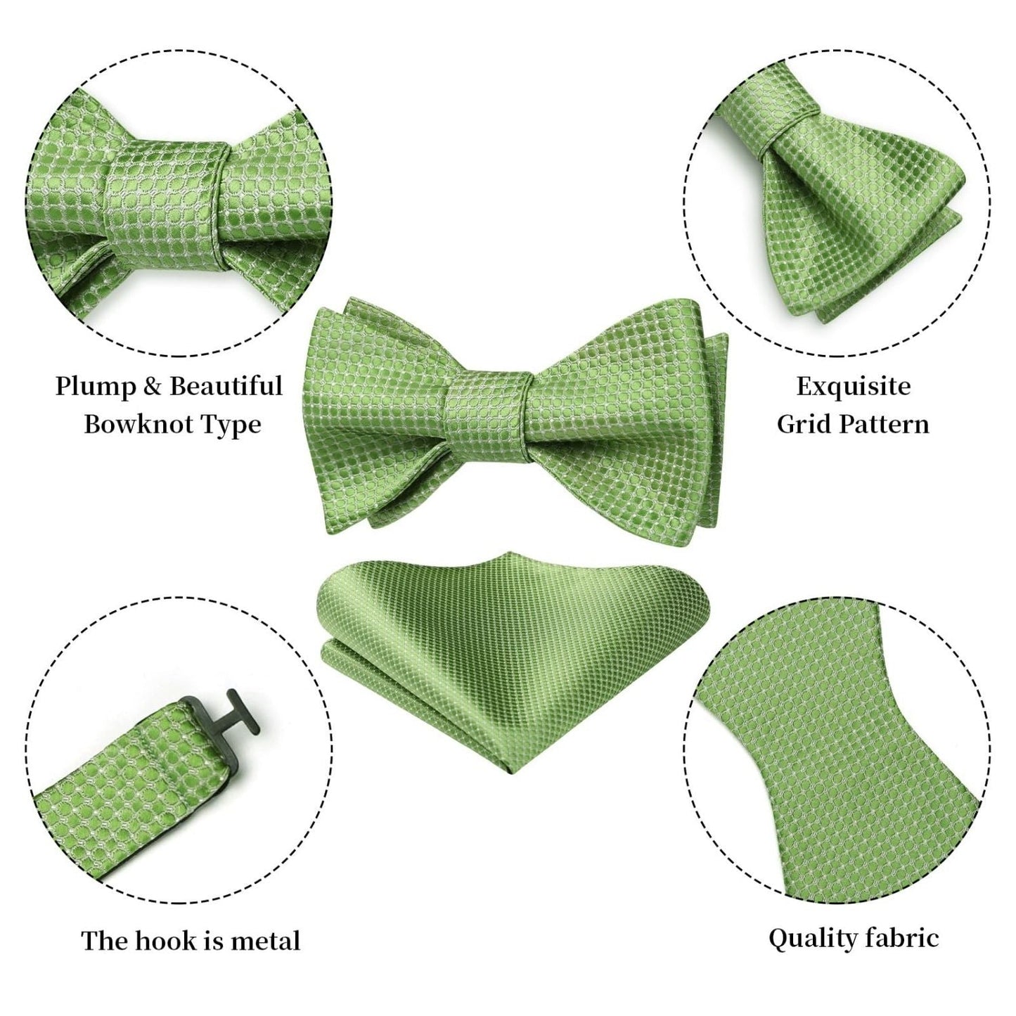 Hisdern Houndstooth Bow Tie Pocket Square Green Formal Attire