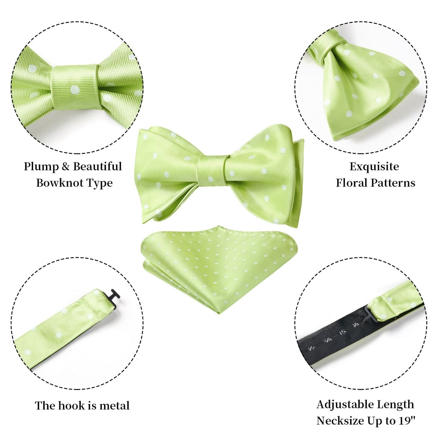 Hisdern Polka Dots Green White Bow Tie Set for Party Wedding