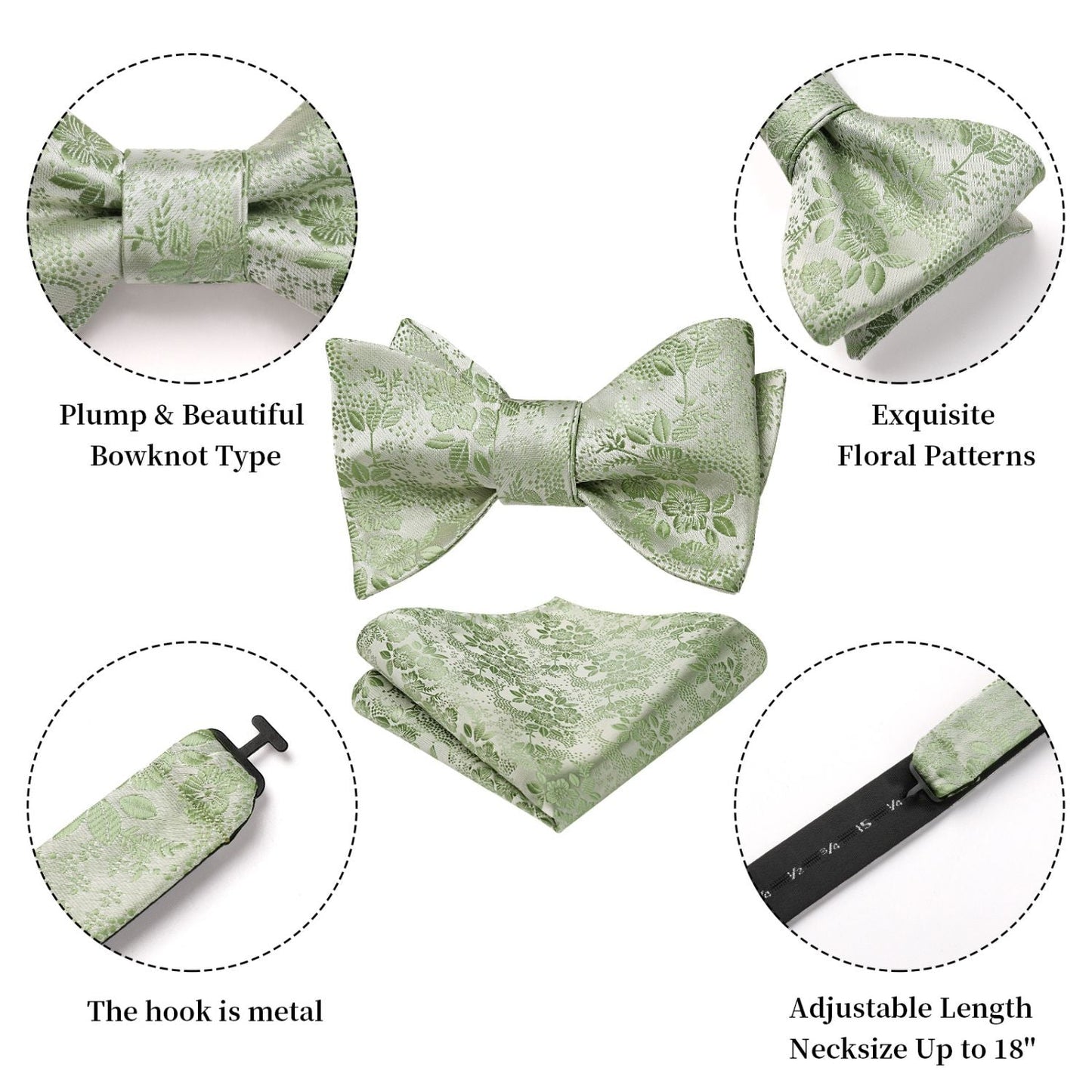 Hisdern Sage Green Floral Bow Tie Accessories Set For Evening Wear