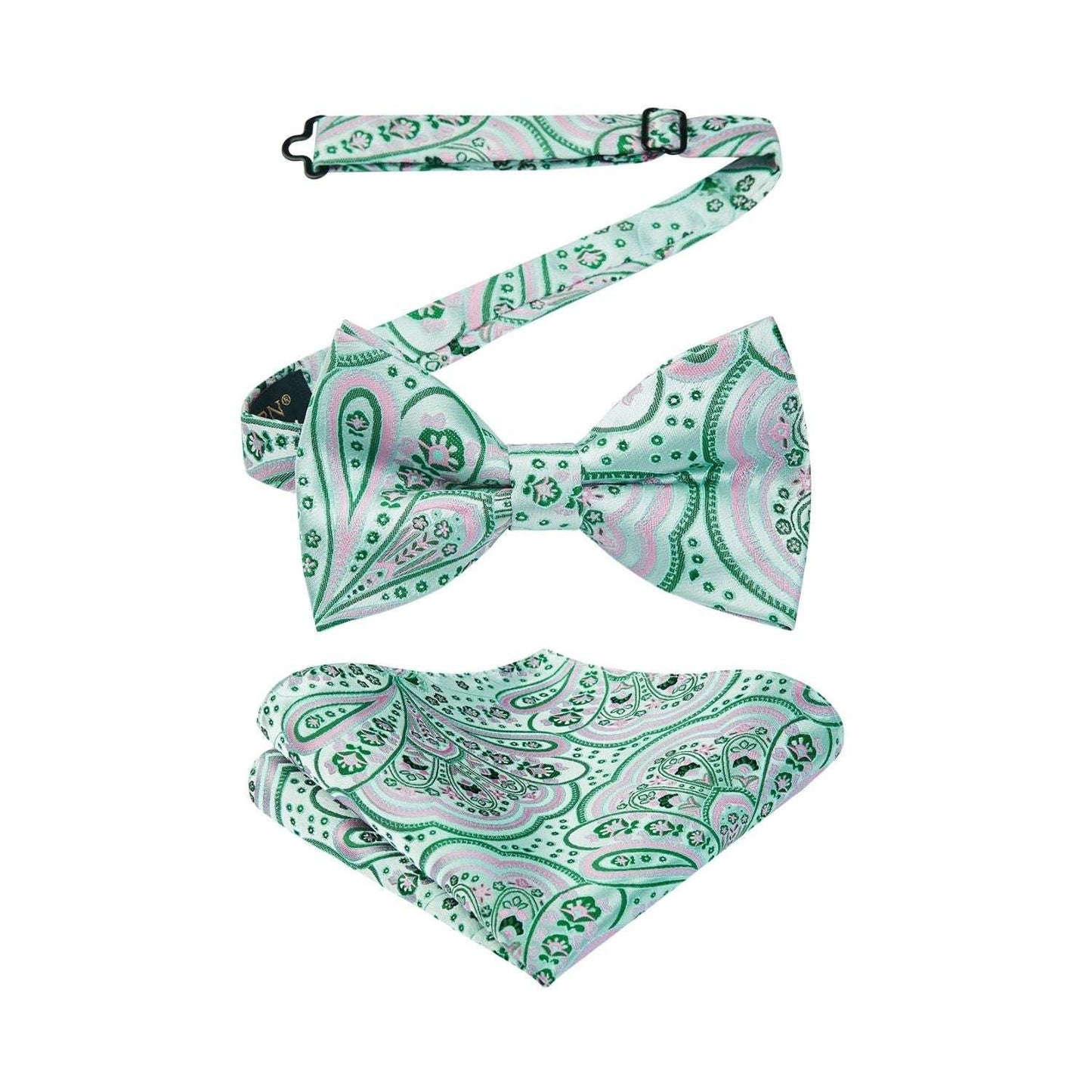 Hisdern Pink Green Paisley Pre-Tied Bow Tie Set for Wedding