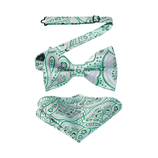 Hisdern Pink Green Paisley Pre-Tied Bow Tie Set for Wedding