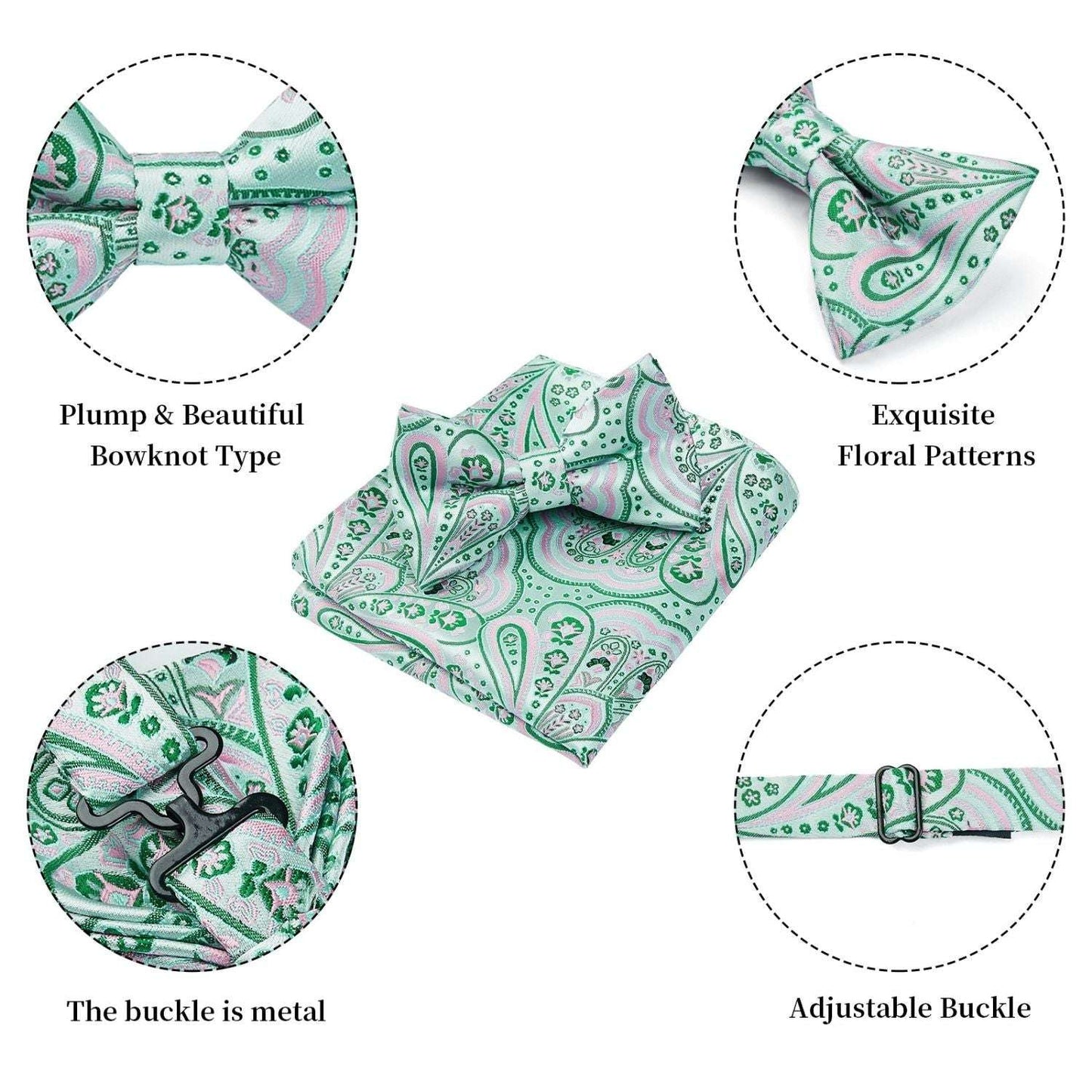 Hisdern Pink Green Paisley Pre-Tied Bow Tie Set for Wedding