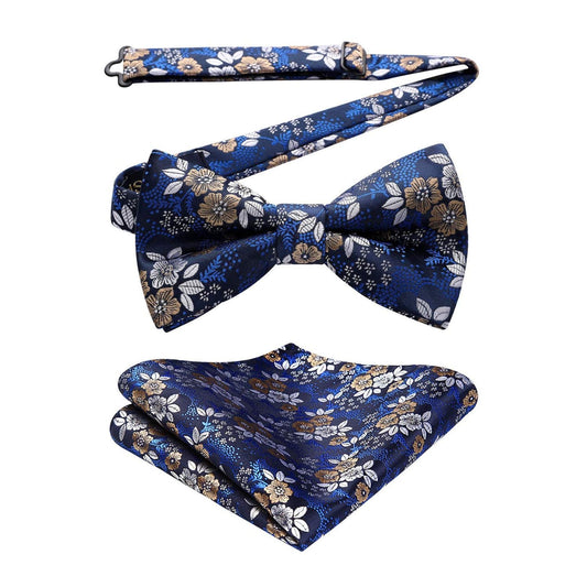 Hisdern Vintage Blue Floral Pre-Tied Bow Tie Set for Wedding
