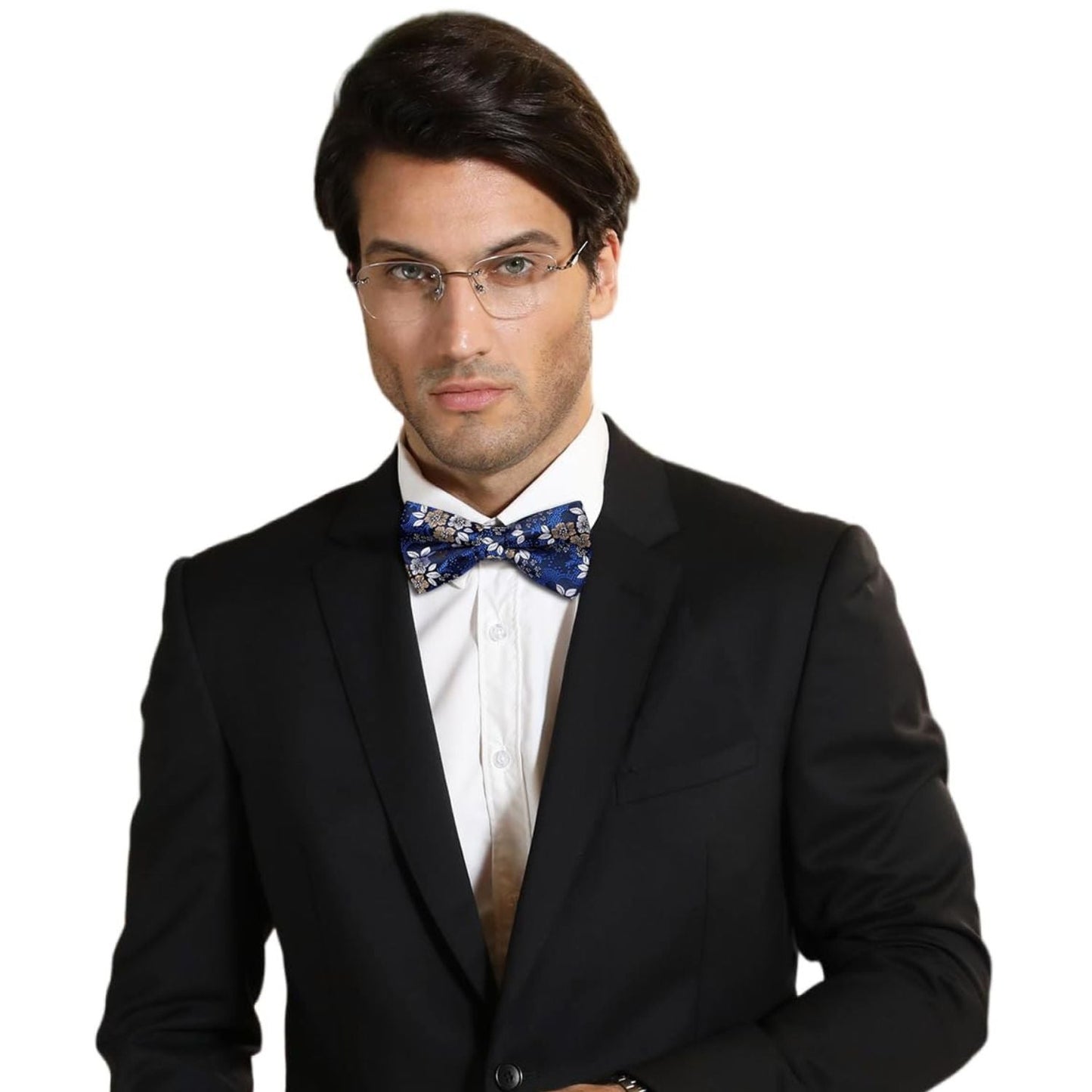 Hisdern Vintage Blue Floral Pre-Tied Bow Tie Set for Wedding