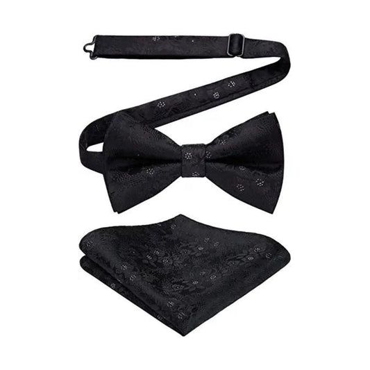 Hisdern Vintage Black Paisley Pre-Tied Bow Tie Set for Wedding