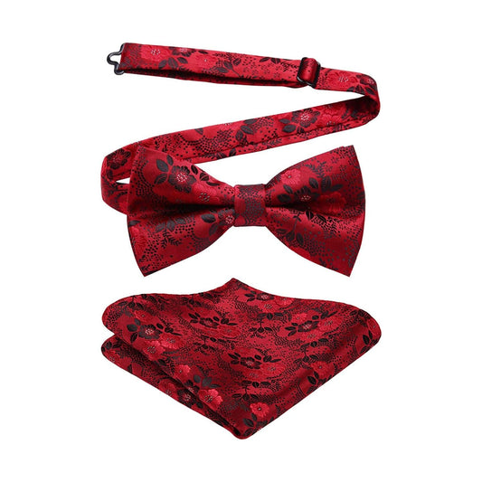 Hisdern Black Red Floral Pre-Tied Bow Tie For Evening Wear