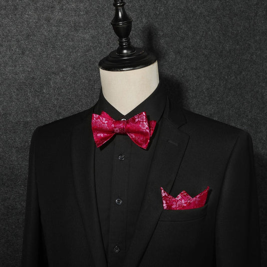 Hisdern Hot Pink Floral Bow Tie Set Groomsmen Wedding