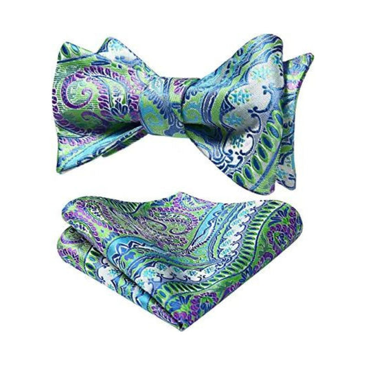 Hisdern Aqua Purple Paisley Bow Tie Set For Evening Wear