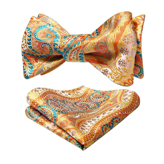 Hisdern Orange Paisley Bow Tie Set For Evening Wear