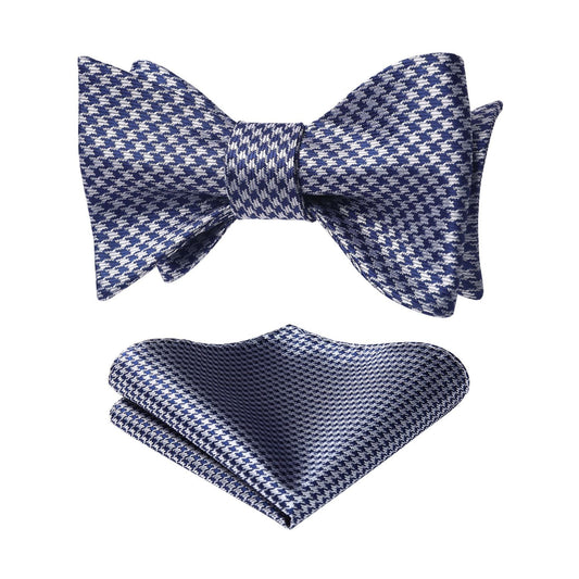 Hisdern Navy Blue Grey Plaid Bow Tie Set For Special Occasions