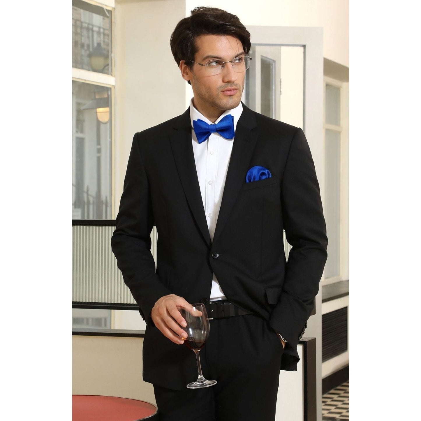 Hisdern Houndstooth Bow Tie Pocket Square Royal Blue Formal Attire