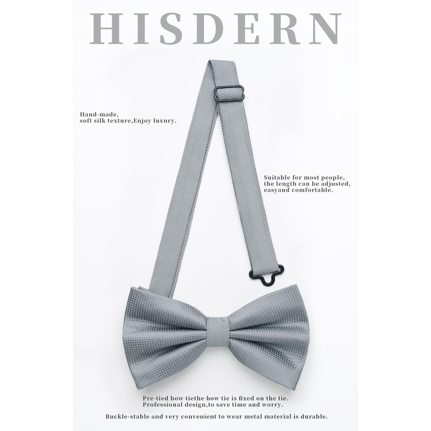 Hisdern Grey Solid Pre-Tied Bow Tie Accessories Set For Evening Wear