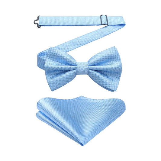 Hisdern Blue Solid Pre-Tied Bow Tie Accessories Set For Evening Wear
