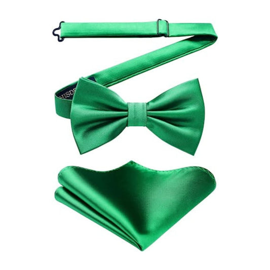Hisdern Bright Green Solid Pre-Tied Bow Tie Accessories Set For Evening Wear