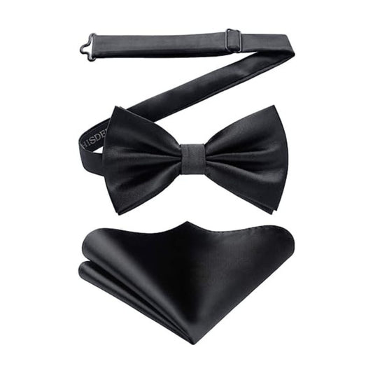 Hisdern Black Solid Pre-Tied Bow Tie Accessories Set For Evening Wear