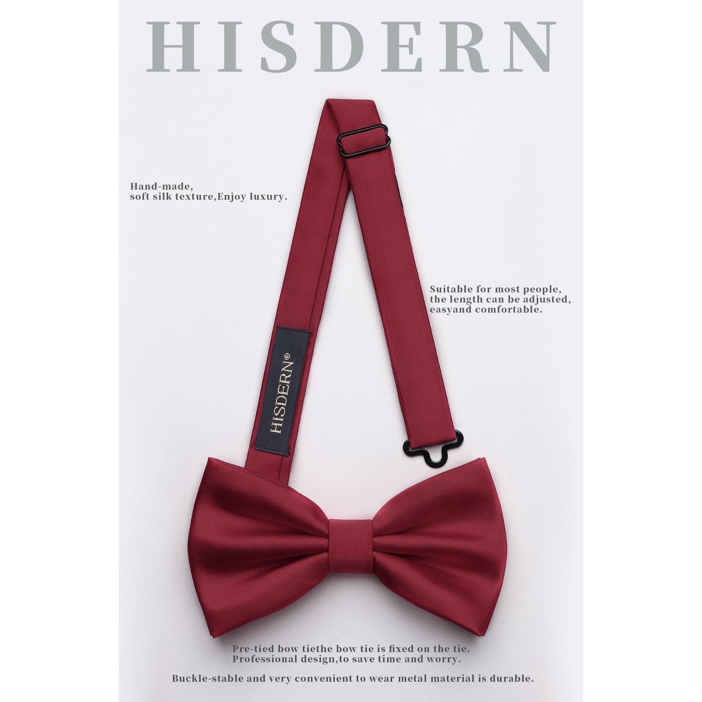 Hisdern Burgundy Solid Pre-Tied Bow Tie Accessories Set For Evening Wear