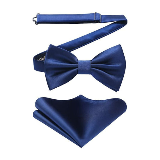 Hisdern Navy Blue Solid Pre-Tied Bow Tie Accessories Set For Evening Wear