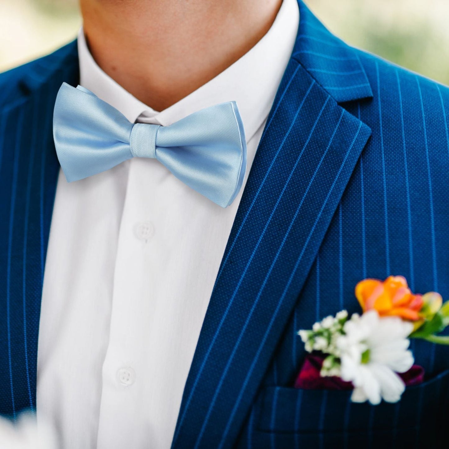 Hisdern Blue Solid Pre-Tied Bow Tie Accessories Set For Evening Wear