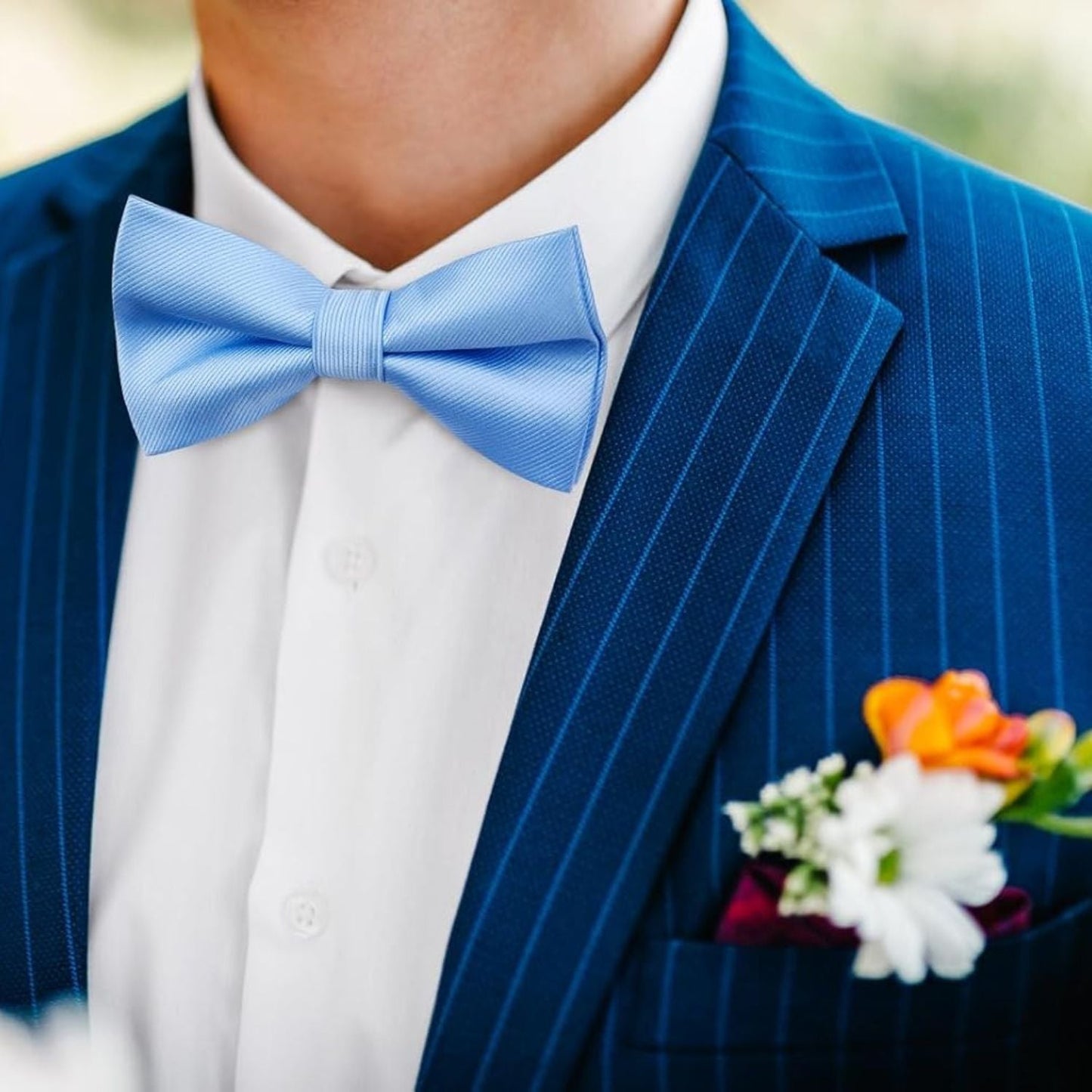 Hisdern Blue Solid Pre-Tied Bow Tie Accessories Set For Evening Wear