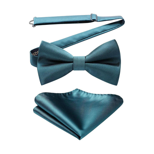 Hisdern Green Solid Pre-Tied Bow Tie Accessories Set For Evening Wear
