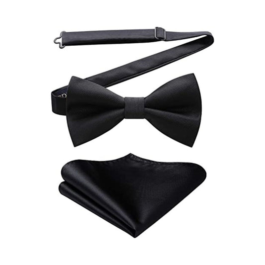 Hisdern Black Solid Pre-Tied Bow Tie Accessories Set For Evening Wear