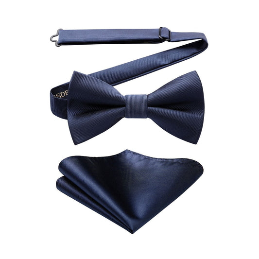 Hisdern Navy Blue Solid Pre-Tied Bow Tie Accessories Set For Evening Wear