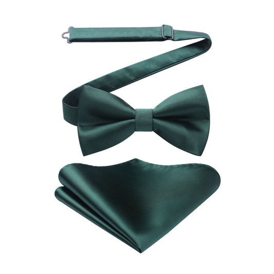 Hisdern Dark Green Solid Pre-Tied Bow Tie Accessories Set For Evening Wear