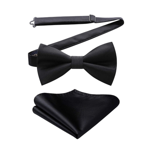 Hisdern Black Solid Pre-Tied Bow Tie Accessories Set For Evening Wear