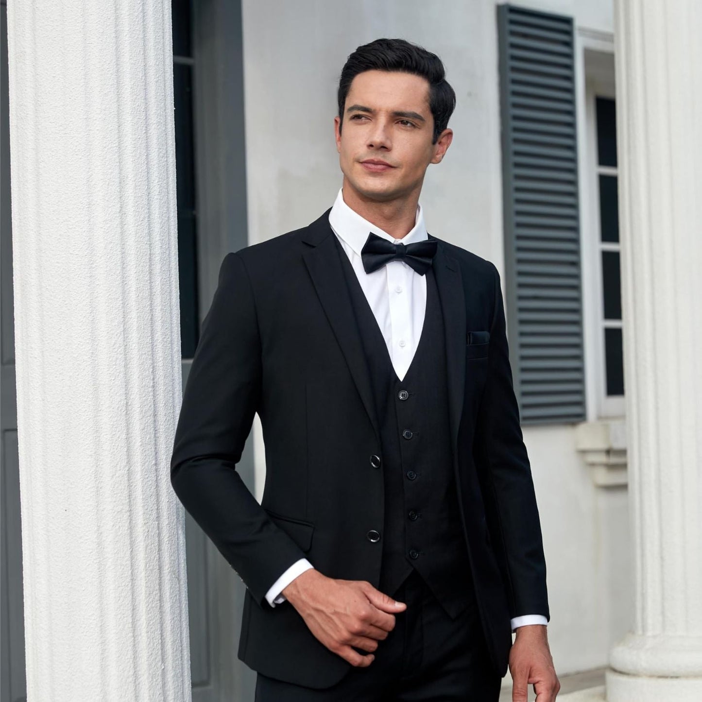Hisdern Black Solid Pre-Tied Bow Tie Accessories Set For Evening Wear
