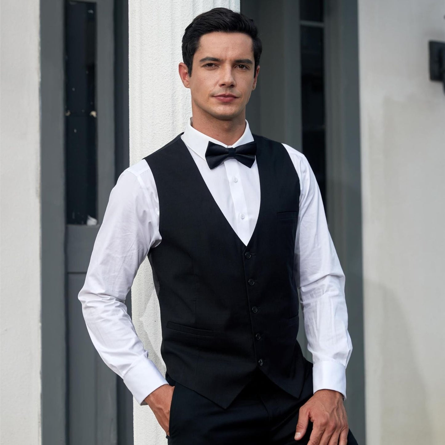 Hisdern Black Solid Pre-Tied Bow Tie Accessories Set For Evening Wear